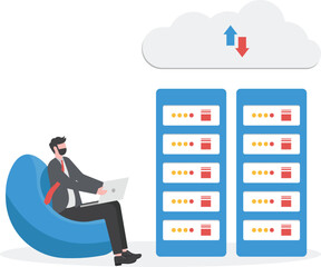 Connect to cloud computing, technology to share secured file and communicate with team while working remotely, upload and download files concept, businessman connect network line with cloud computing.