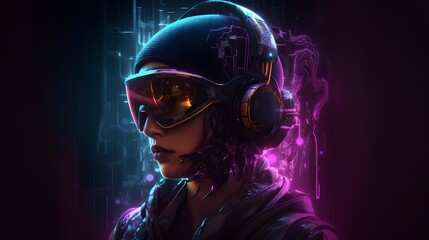 female hacker, the glow of virtual reality interfaces reflecting in her virtual helmet
