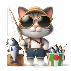 3d cat cartoon character holding fishing rod while wearing sunglasses and summer gear with a bucket full of fishes, isolated on white background