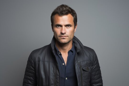 Portrait of handsome young man in black leather jacket, looking at camera.