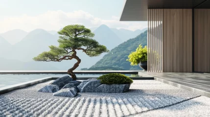 Fotobehang Serene Zen Garden in Minimalist Courtyard AI Generated © ArquitecAi