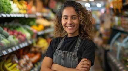 A welcoming grocery store worker smiles at the camera, standing in an aisle with a variety of fresh produce.
