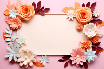 A handmade paper flower frame with a central blank space, set against a soft pastel background for text or display.