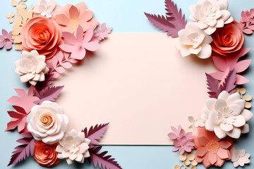 Fototapeta na wymiar A handmade paper flower frame with a central blank space, set against a soft pastel background for text or display.
