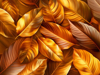 Golden tropical leaves background, Artistic background featuring a close-up of golden textured leaves with a rich, warm tone.