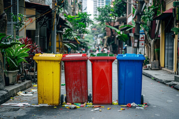 Fototapeta na wymiar Colorful recycling bins in a row on a sunny city street, encouraging urban environmental responsibility.