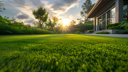 A luxury home backyard with a beautiful lawn at sunset.