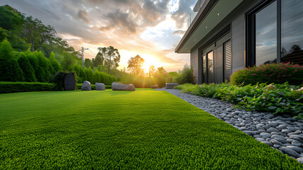 A luxury home backyard with a beautiful lawn at sunset.