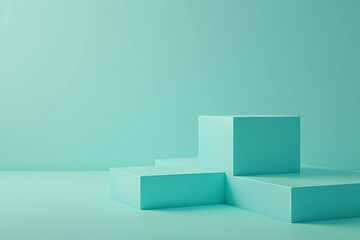 A flat, empty blue object with limited shading is presented in minimalist stage designs, accentuated by turquoise hues in tabletop photography.