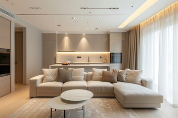 Interior design of a spacious, bright apartment in a modern style and warm pastel white and beige colors. Quiet luxury concept