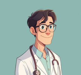 Fototapeta premium A cartoon doctor, featuring minimalistic symmetry, colorist aesthetics, sparse and simple elements, and bold chromaticity in light blue and bronze hues.