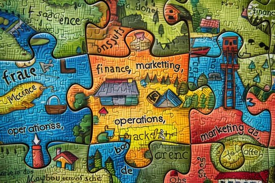 : A puzzle with interlocking pieces labeled "finance," "operations," and "marketing," forming a complete picture of a flourishing business landscape