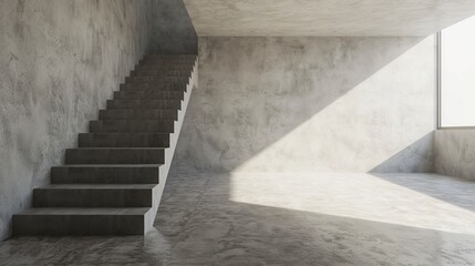 Empty modern concrete room with staircase and indirect lighting from top. 3d rendering background