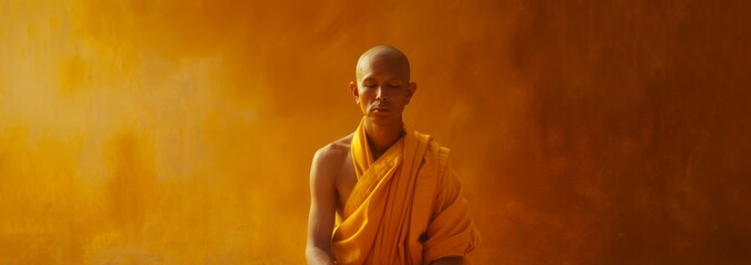 A figure in a yellow robe is sitting on his knees in meditation, captured through studio portraiture, uniformly staged images, and digitally enhanced. - obrazy, fototapety, plakaty