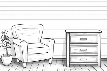 printable picture, coloring book with cozy rooms