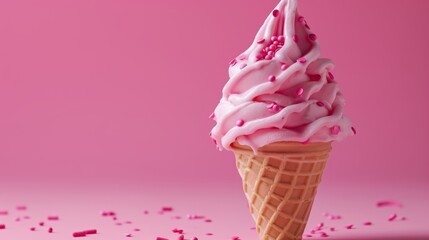 A pink ice cream cone with pink sprinkles, featuring vibrant and lively hues.