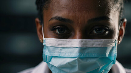 Close-up of the face of a black woman medical worker wearing a mask