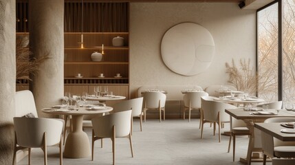 Restaurant interior design in a modern style in warm pastel white and beige colors. silent luxury...