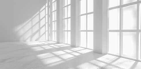 A white wall is showing a light passing through the windows, featuring abstract lines, dramatic shadows, a matte photo, and minimalistic abstraction.