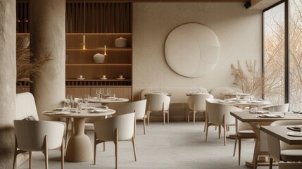 Restaurant interior design in a modern style in warm pastel white and beige colors. silent luxury concept - Powered by Adobe