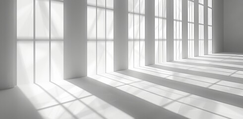 A white wall is showing a light passing through the windows, featuring abstract lines, dramatic shadows, a matte photo, and minimalistic abstraction.