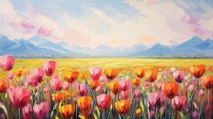 Colorful illustration background with different tulips in spring garden. Beautiful floral wallpaper design.