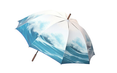 Umbrella With Wave Design. An umbrella featuring a realistic picture of a wave crashing against a sandy beach. Isolated on a Transparent Background PNG.