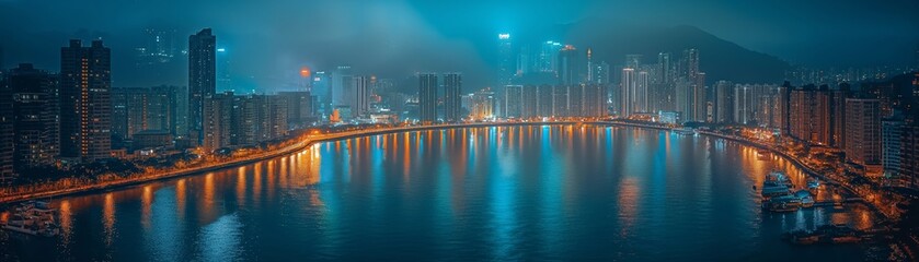 Fototapeta premium Scenic view of night city lying around the bay. Lights of big town. Aerial view from top.