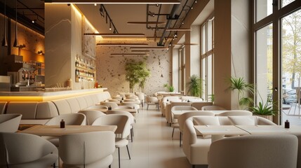 Restaurant interior design in a modern style in warm pastel white and beige colors. silent luxury concept