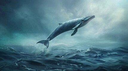 Blue whale jumping from the sea.