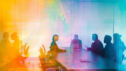 Team meeting at conference table with colorful tech overlay | Generative AI