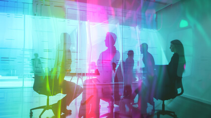 Silhouette of tech workers with colorful double exposure, Team meeting room concept | Generative AI - obrazy, fototapety, plakaty