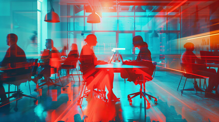 Technology startup workers in modern tech campus room, Office workers sitting at tables | Generative AI