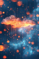 Cloud computing technology is discussed, focusing on data center, data storage, and data, in dark sky-blue and light orange hues.