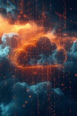 Cloud computing technology is discussed, focusing on data center, data storage, and data, in dark sky-blue and light orange hues.