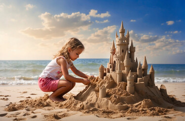 A girl builds a sand castle