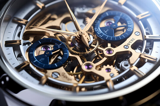 Closeup of wristwatch mechanism. Time and watch concept. 3D Rendering