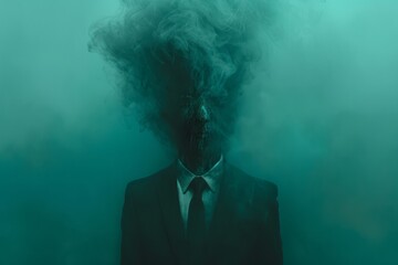 A portrait of a figure in a black suit carrying a hood is presented, featuring a ghosting effect, minimalistic symmetry, slender aesthetics, and erased and obscured elements in dark teal hues. - obrazy, fototapety, plakaty