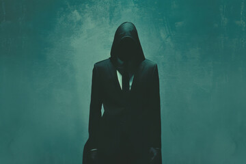 A portrait of a figure in a black suit carrying a hood is presented, featuring a ghosting effect, minimalistic symmetry, slender aesthetics, and erased and obscured elements in dark teal hues. - obrazy, fototapety, plakaty