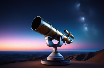Telescope on the background of the night sky with stars and lake, Big astronomical telescope under a twilight sky ready for stargazing. Cosmonautics Day. first manned flight into space.