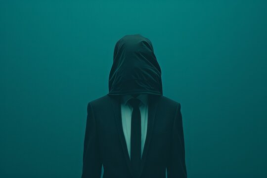 A portrait of a figure in a black suit carrying a hood is presented, featuring a ghosting effect, minimalistic symmetry, slender aesthetics, and erased and obscured elements in dark teal hues.