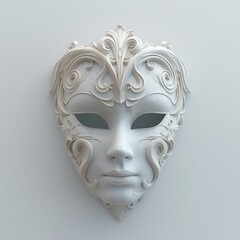 A white mask with a scrolled design on a white background, featuring lifelike figures, chiaroscuro lighting, art and architecture, ceramic street art, and art deco glamour.