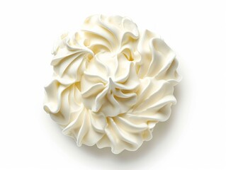 White meringue with whipped cream is isolated on a white scene, captured from a top view, reflecting goosepunk aesthetics.