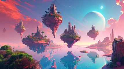 Cercles muraux Rose clair Floating fantasy islands with vibrant landscape and water reflections. Dreamy sci-fi scenery.