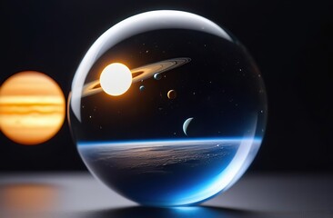 A transparent glass ball inside which reflects the solar system with rotating planets, stars and galaxies. Concept of life development, space exploration, cosmonautics day. first manned flight into sp - obrazy, fototapety, plakaty