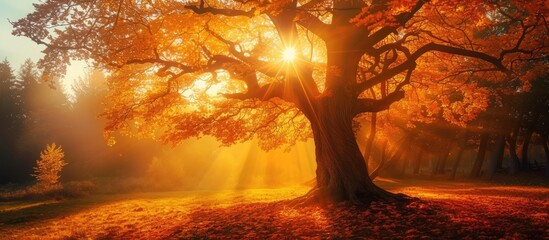 Tree in a forest during a sunset in the fall.