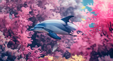 a dolphin swimming among pink corals