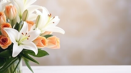 a bunch of flowers on top of a white table, top view with copy space
