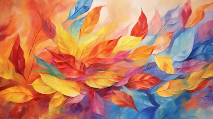 Fototapeta na wymiar Abstract oil painting of colorful leaves in orange, red, yellow. Illustration hand painted, autumn nature, autumn season.