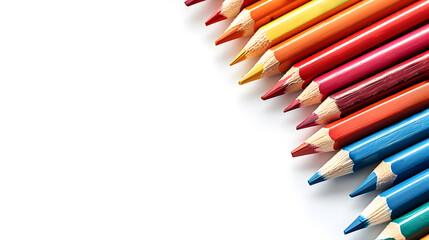 A collection of colored pencils in various colors. They are arranged in a row on a white background.
